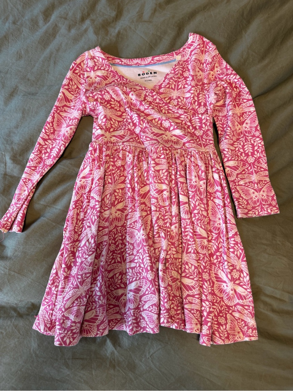 Mini Boden Pink and White Floral Butterfly Wrap-Style Dress size 4-5 y